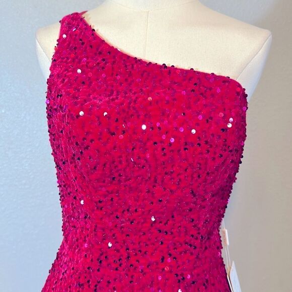NEW A-line one shoulder sleeveless magenta color mini velvet sequins dress size4 - Picture 2 of 12